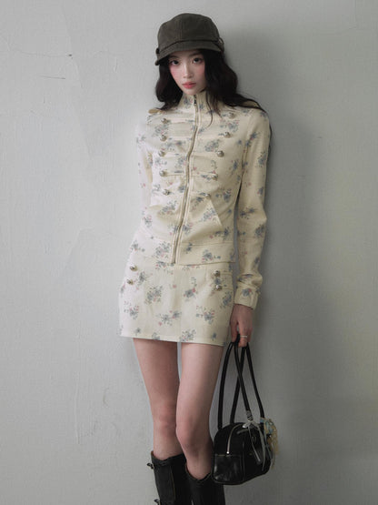 1P STUDIO Floral Colorblock Stand Collar Puff Sleeve Short Jacket Women&