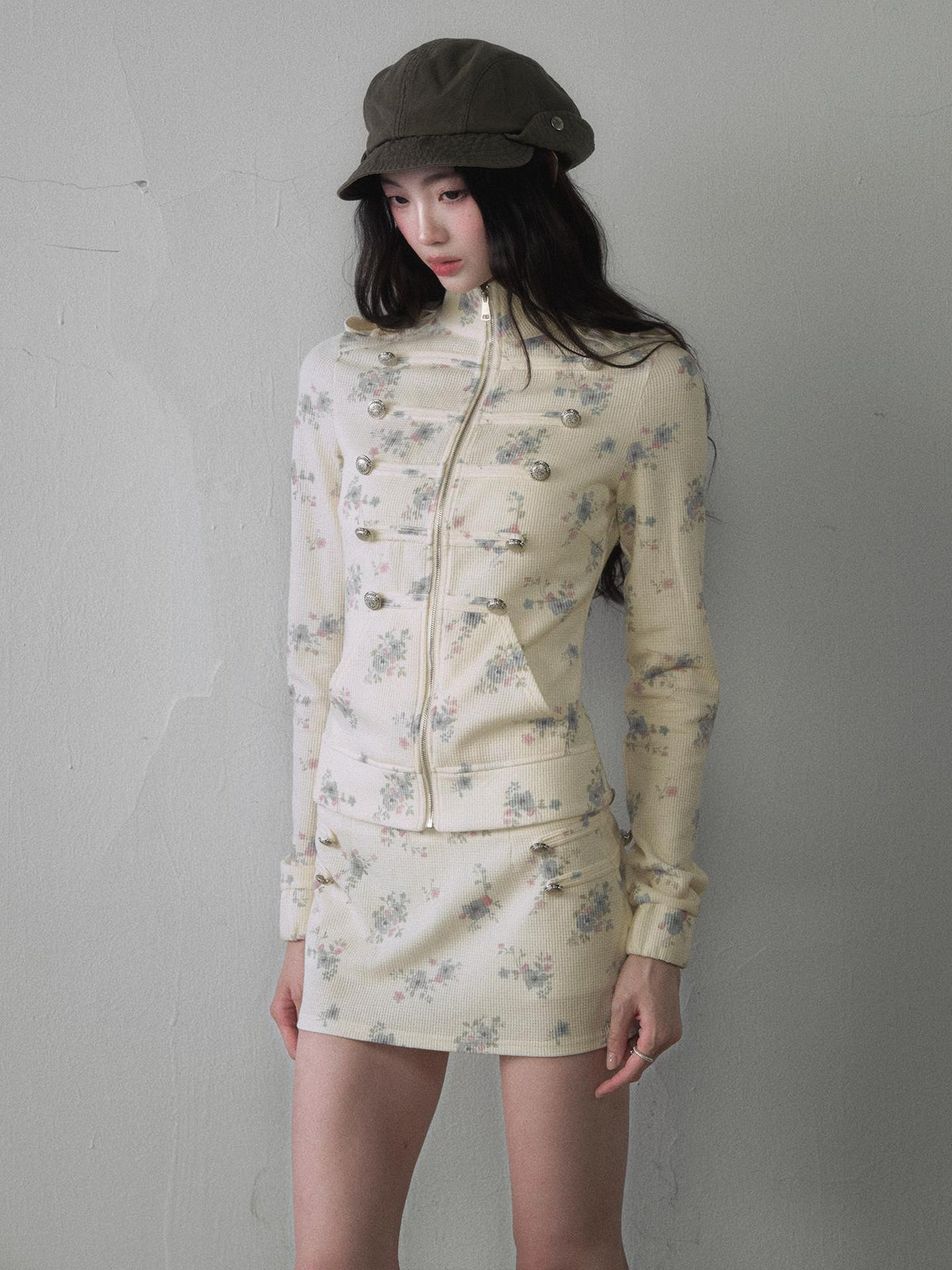 1P STUDIO Floral Colorblock Stand Collar Puff Sleeve Short Jacket Women&