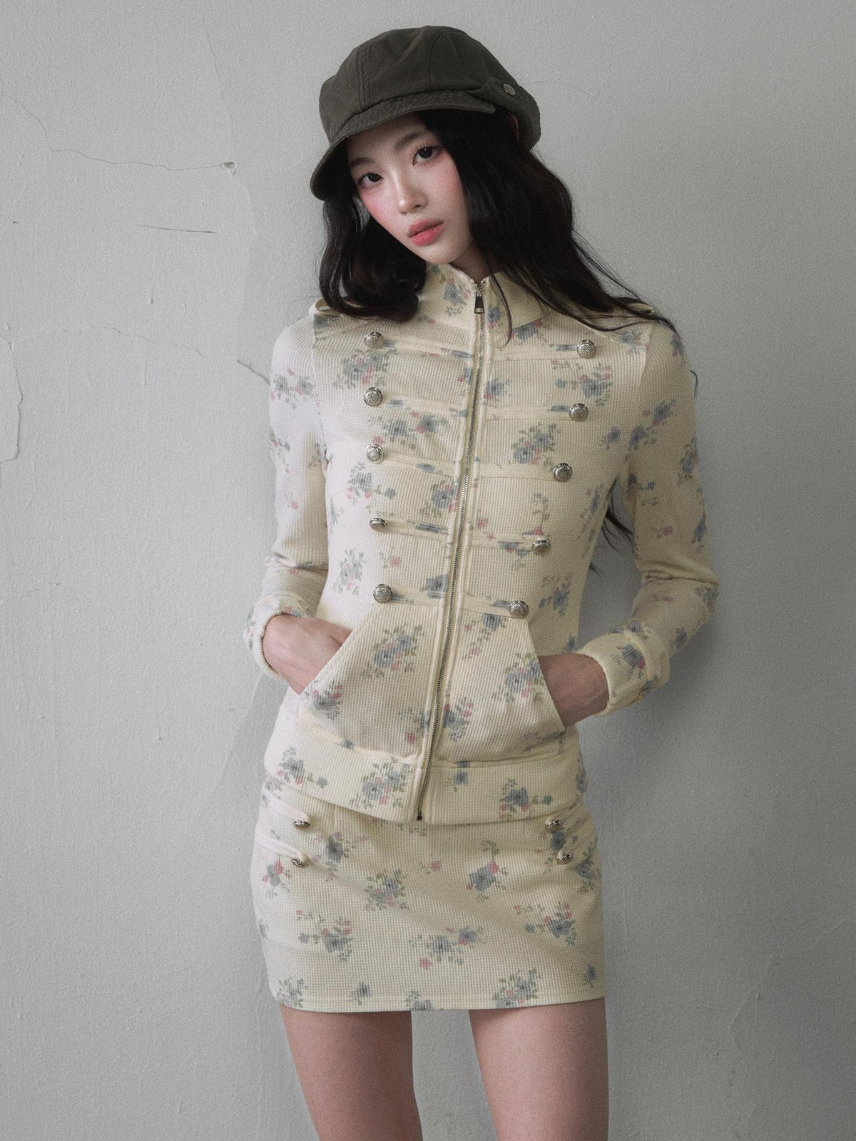 1P STUDIO Floral Colorblock Stand Collar Puff Sleeve Short Jacket Women&