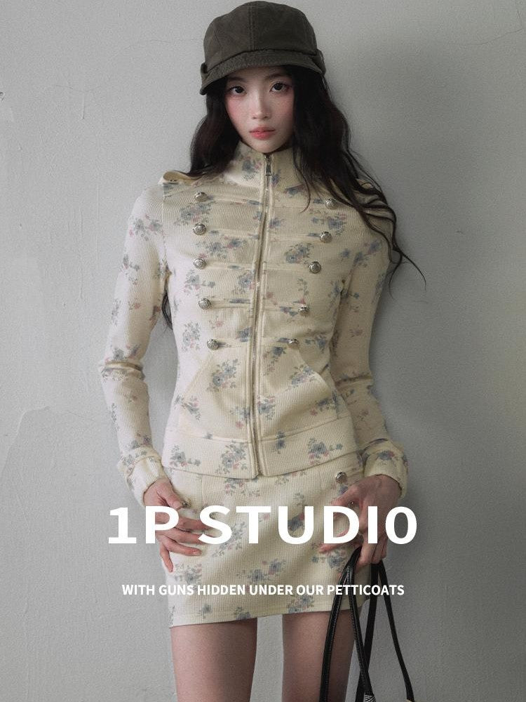 1P STUDIO Floral Colorblock Stand Collar Puff Sleeve Short Jacket Women&