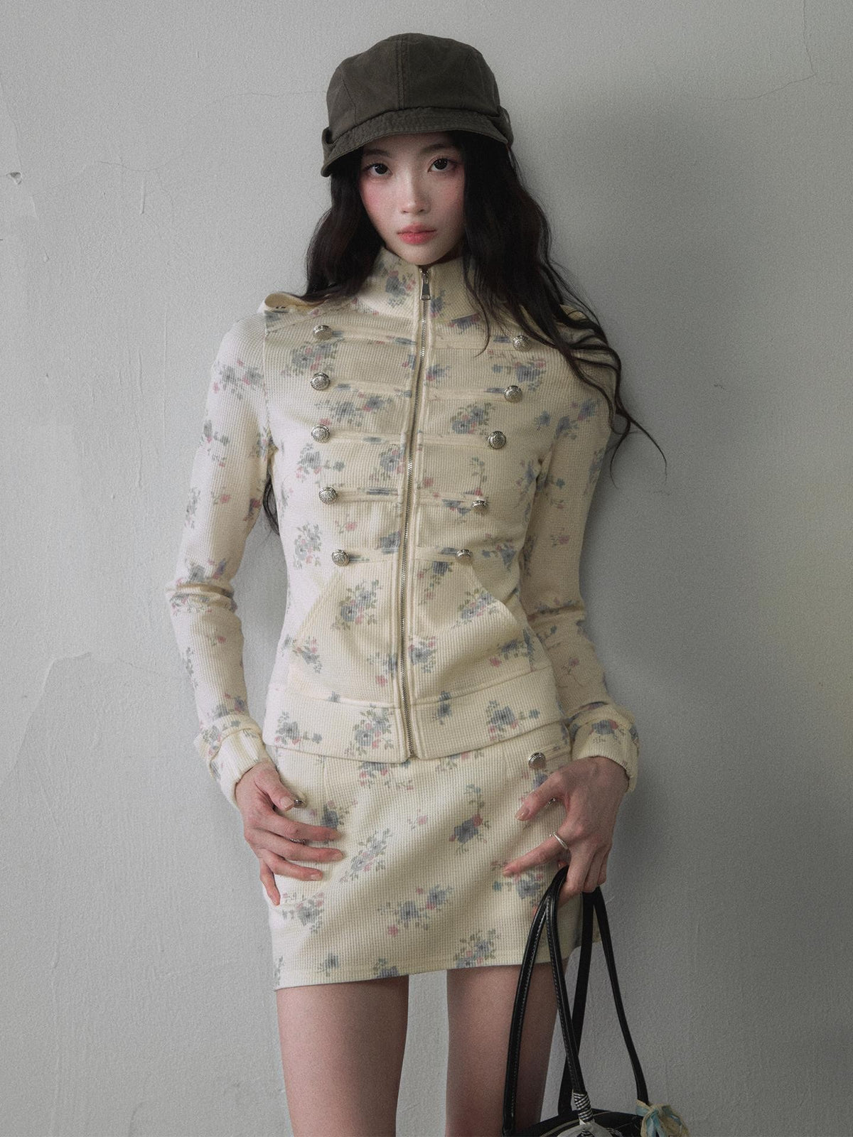 1P STUDIO Floral Colorblock Stand Collar Puff Sleeve Short Jacket Women&