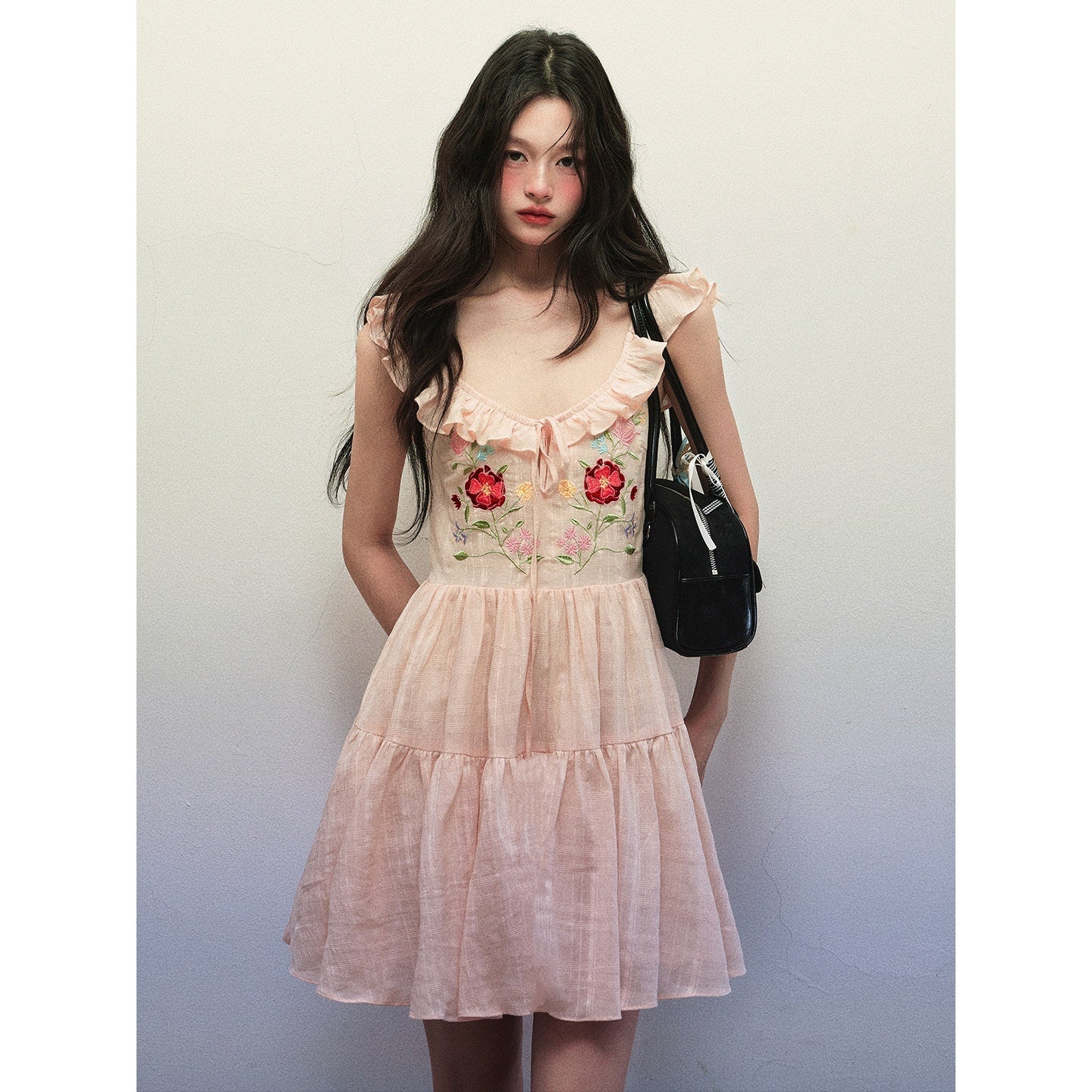 1P_STUDIO_Floral_Embroidered_Flutter_Sleeve_V-neck_Tie_Women&
