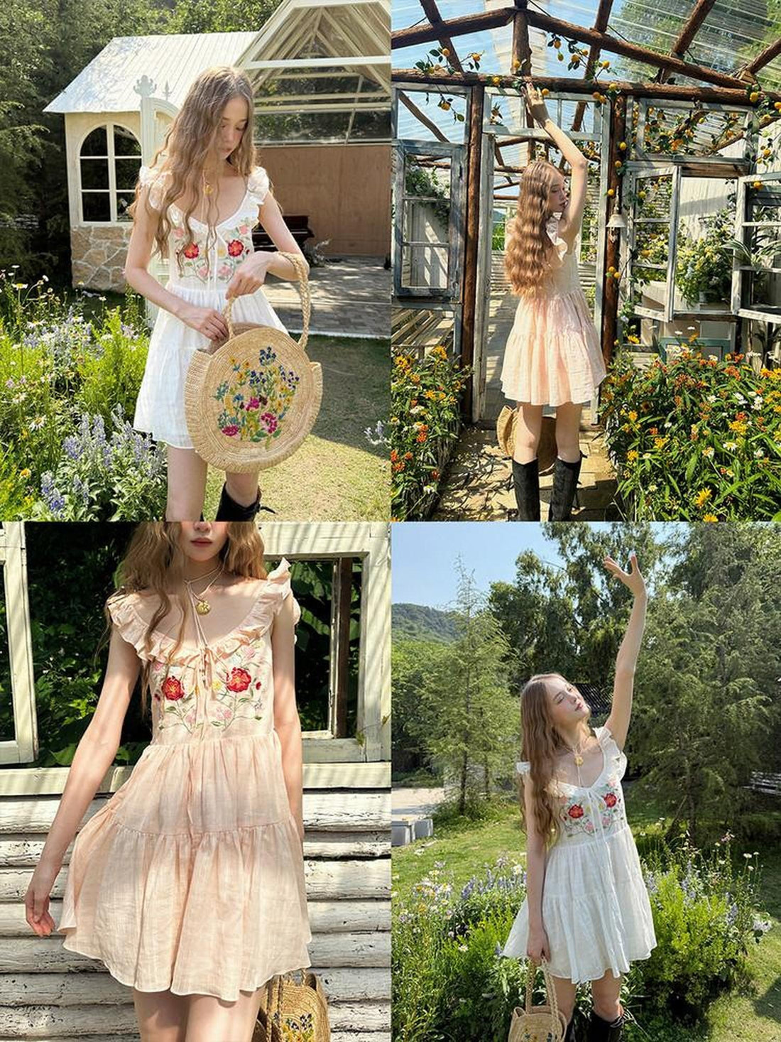 1P STUDIO Floral Embroidered Flutter Sleeve V-neck Tie Women&