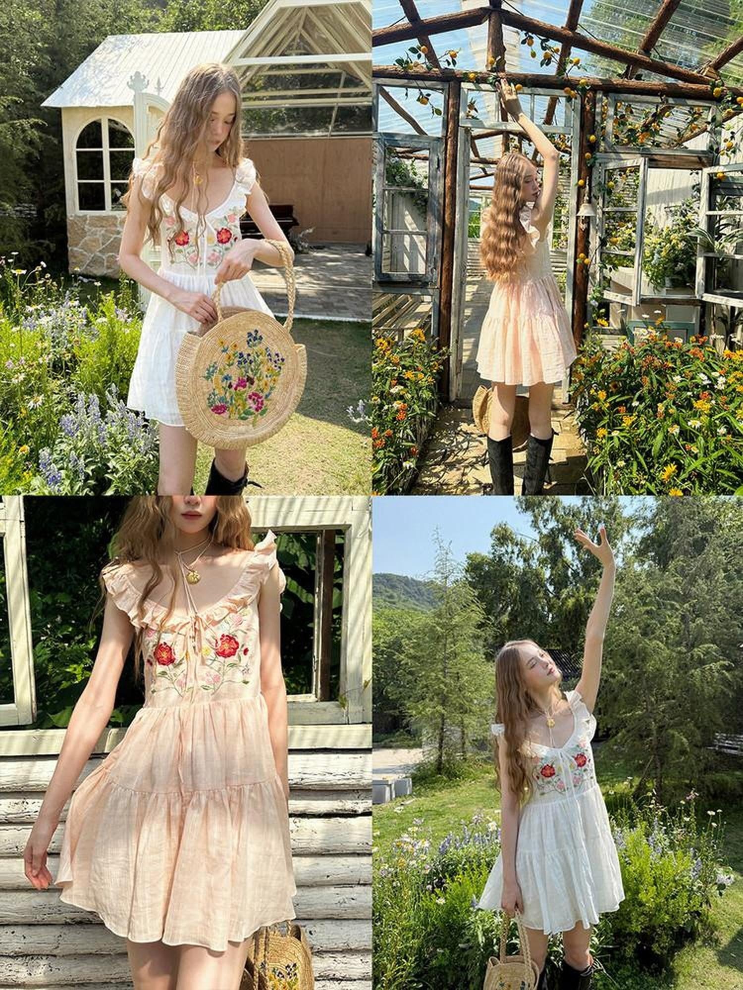 1P STUDIO Floral Embroidered Flutter Sleeve V-neck Tie Women&