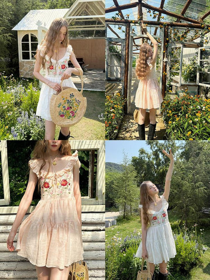 1P STUDIO Floral Embroidered Flutter Sleeve V-neck Tie Women&