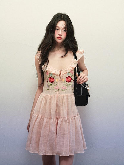 1P STUDIO Floral Embroidered Flutter Sleeve V-neck Tie Women&