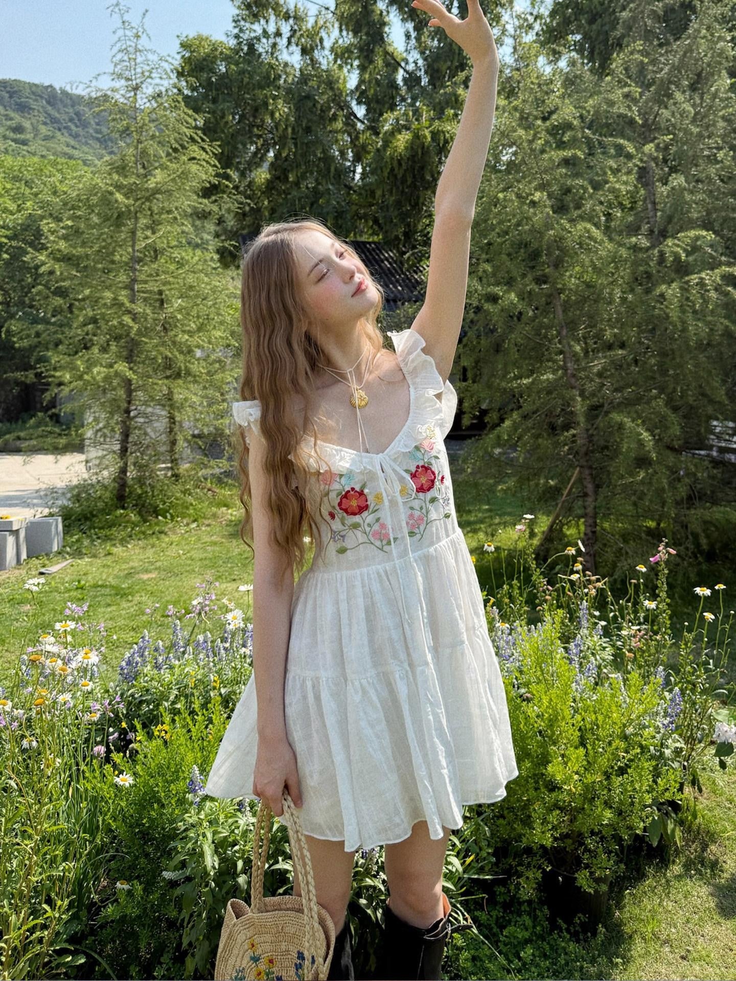 1P STUDIO Floral Embroidered Flutter Sleeve V-neck Tie Women&