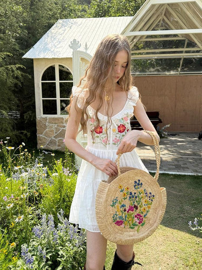 1P STUDIO Floral Embroidered Flutter Sleeve V-neck Tie Women&