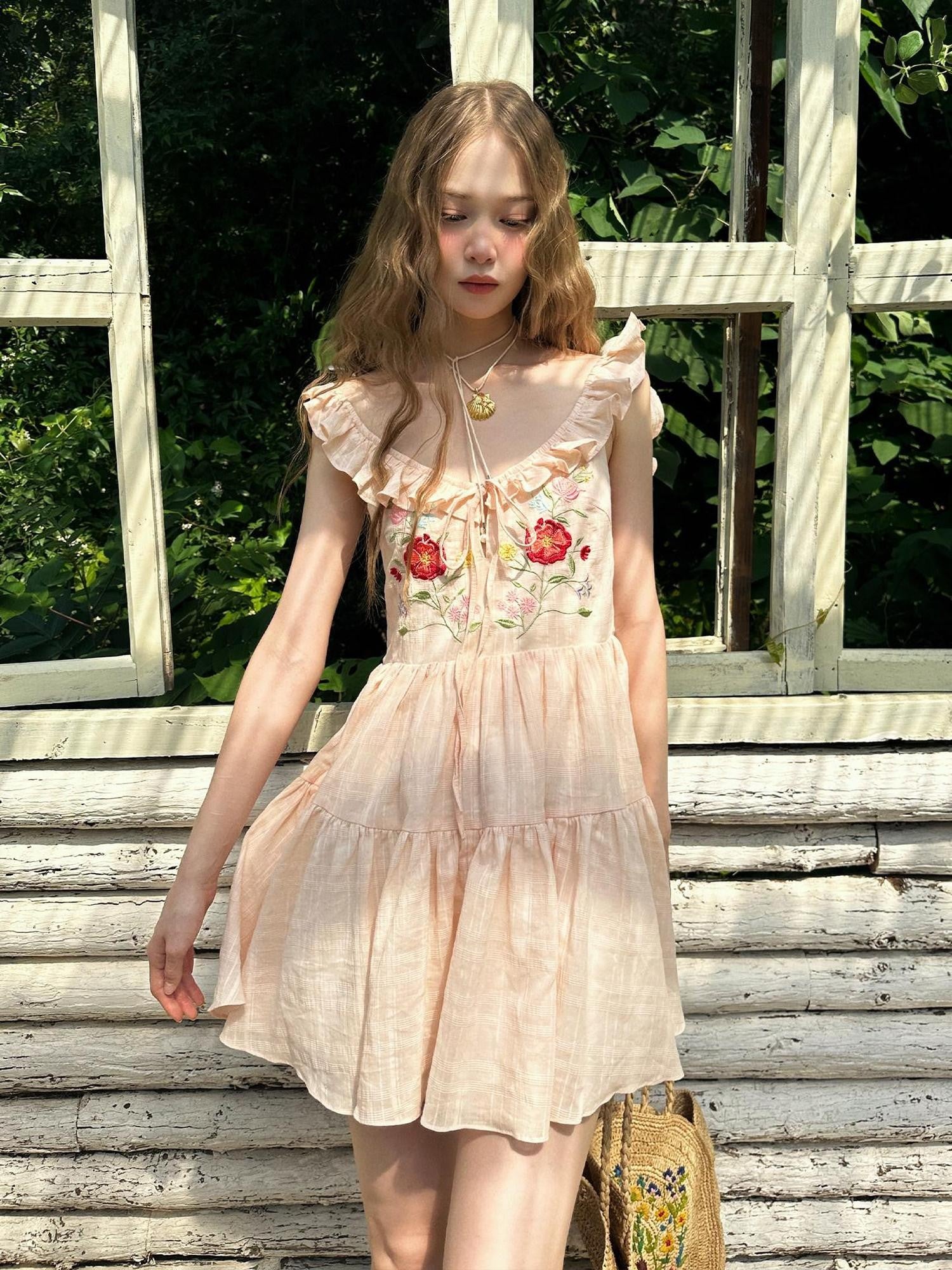 1P STUDIO Floral Embroidered Flutter Sleeve V-neck Tie Women&