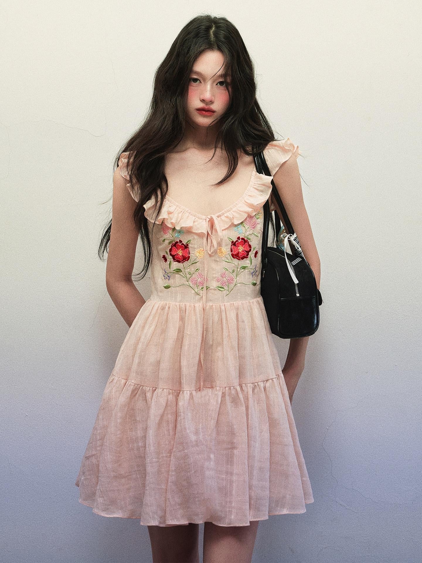 1P STUDIO Floral Embroidered Flutter Sleeve V-neck Tie Women&