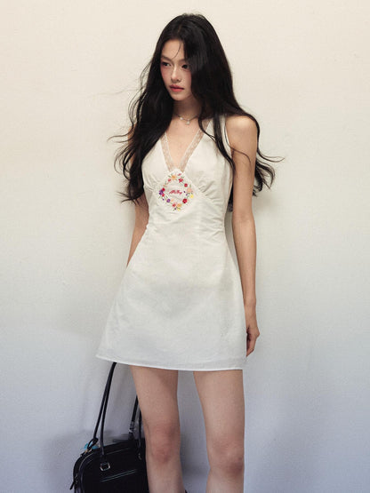 1P STUDIO Floral Embroidered Lace Halter V-neck A Line Women&