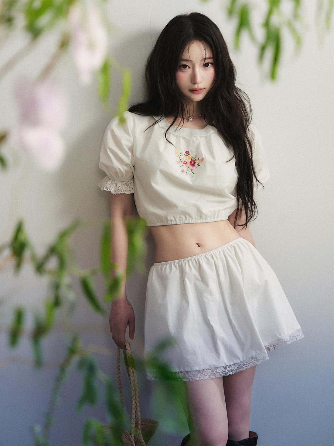 1P STUDIO Floral Embroidered Puff Sleeve Women&