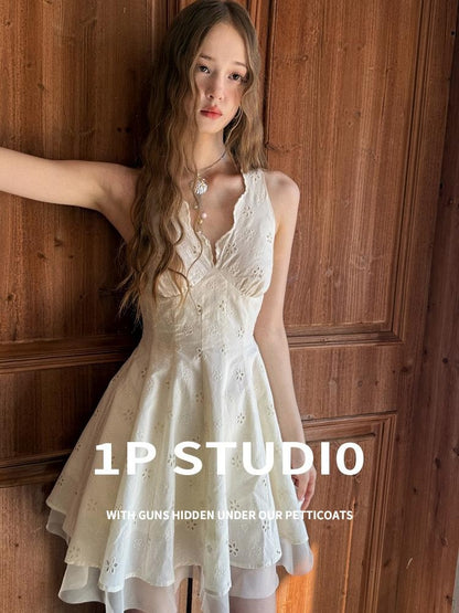1P STUDIO Floral Eyelet Embroidered V-neck A Line Women&
