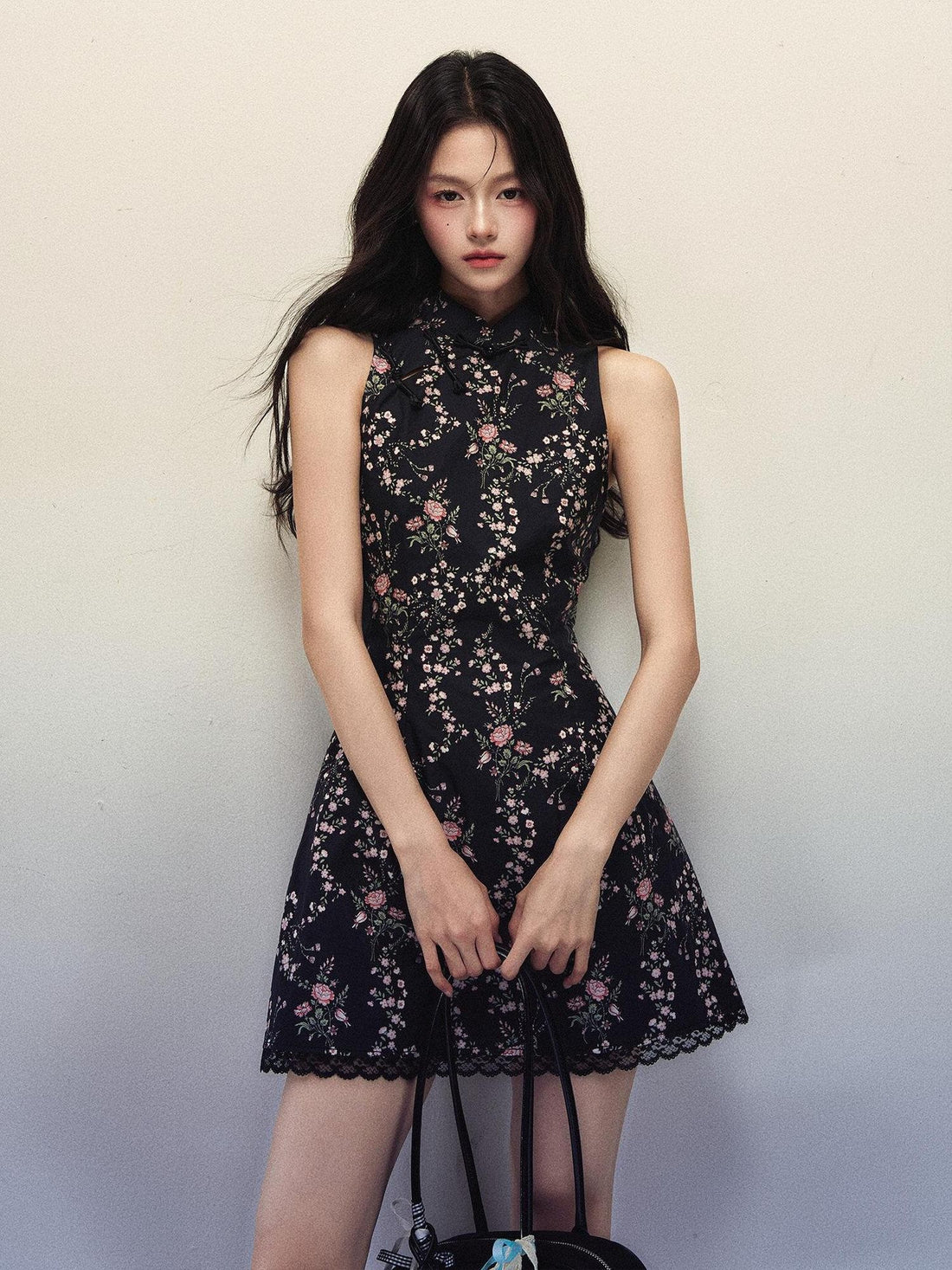 1P STUDIO Floral Frog Button Mandarin Collar Ruffle Cheongsam Women&