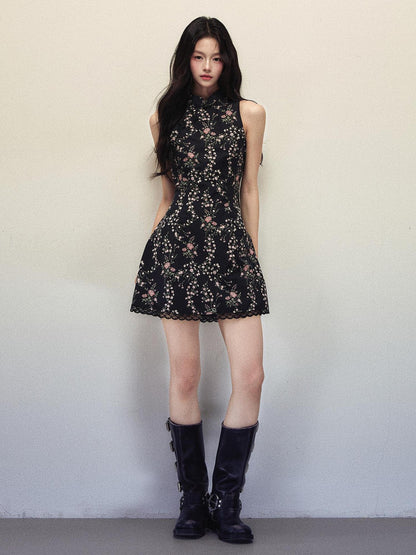 1P STUDIO Floral Frog Button Mandarin Collar Ruffle Cheongsam Women&