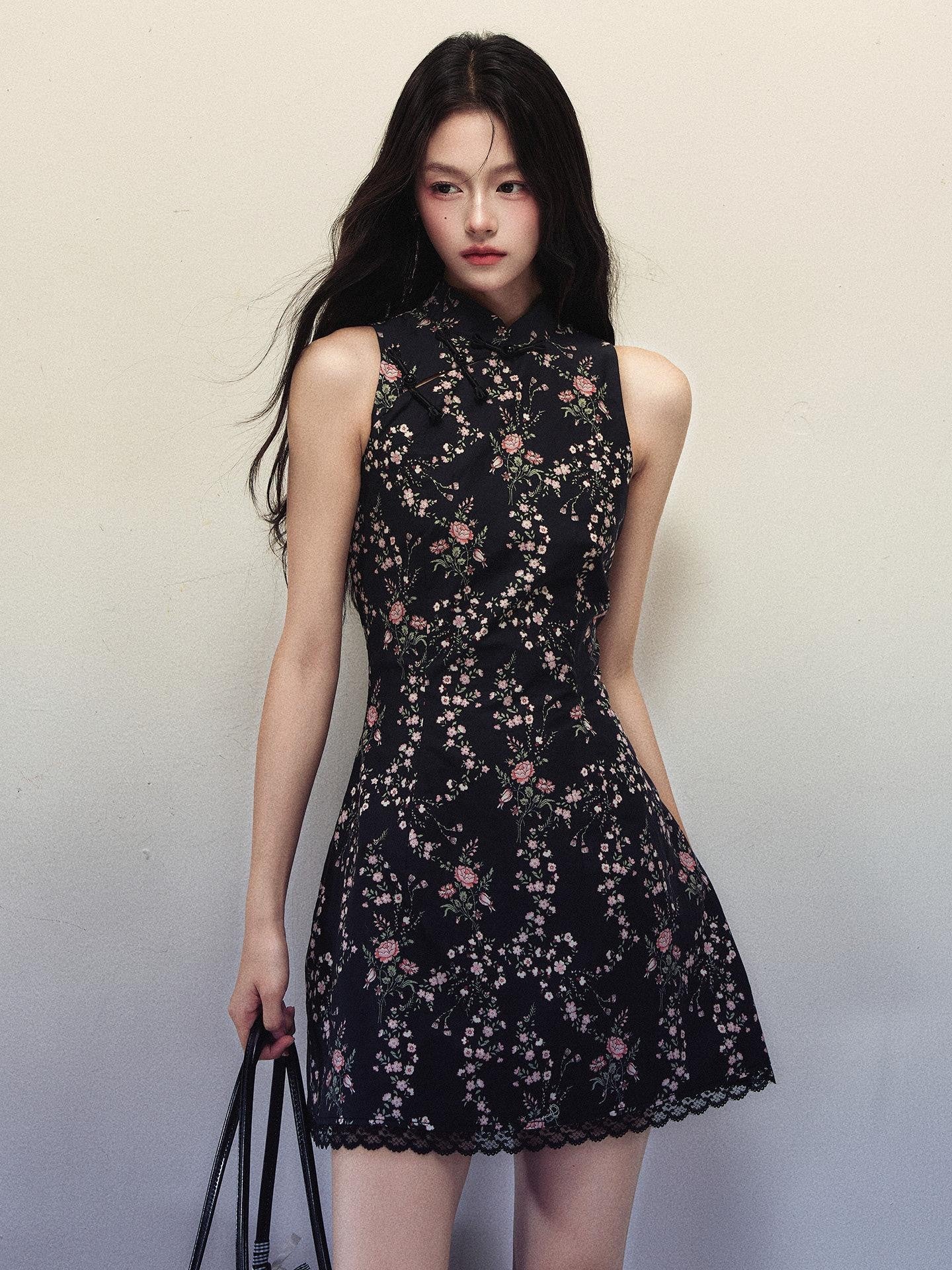 1P STUDIO Floral Frog Button Mandarin Collar Ruffle Cheongsam Women&