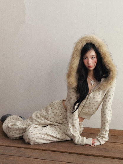 1P STUDIO Floral Fur Collar Hooded Short Elastic Waist Women&