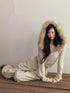 1P STUDIO Floral Fur Collar Hooded Short Elastic Waist Women&