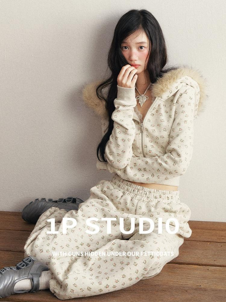 1P STUDIO Floral Fur Collar Hooded Short Elastic Waist Women&