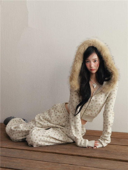 1P STUDIO Floral Fur Collar Hooded Short Elastic Waist Women&