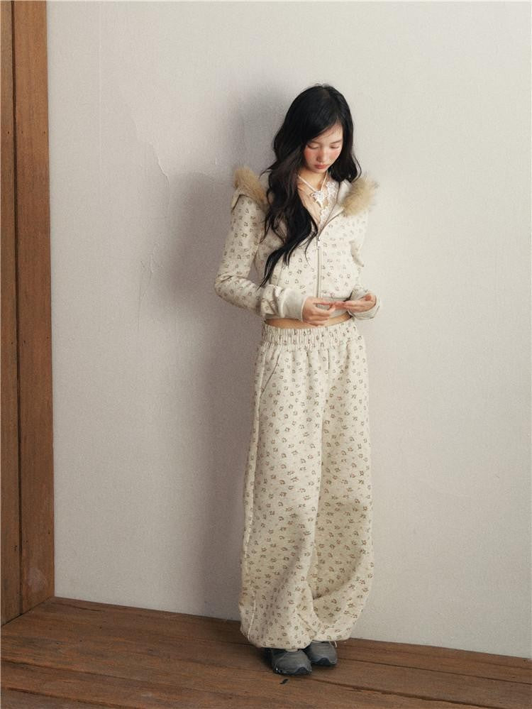1P STUDIO Floral Fur Collar Hooded Short Elastic Waist Women&