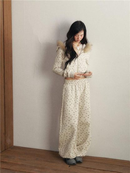 1P STUDIO Floral Fur Collar Hooded Short Elastic Waist Women&