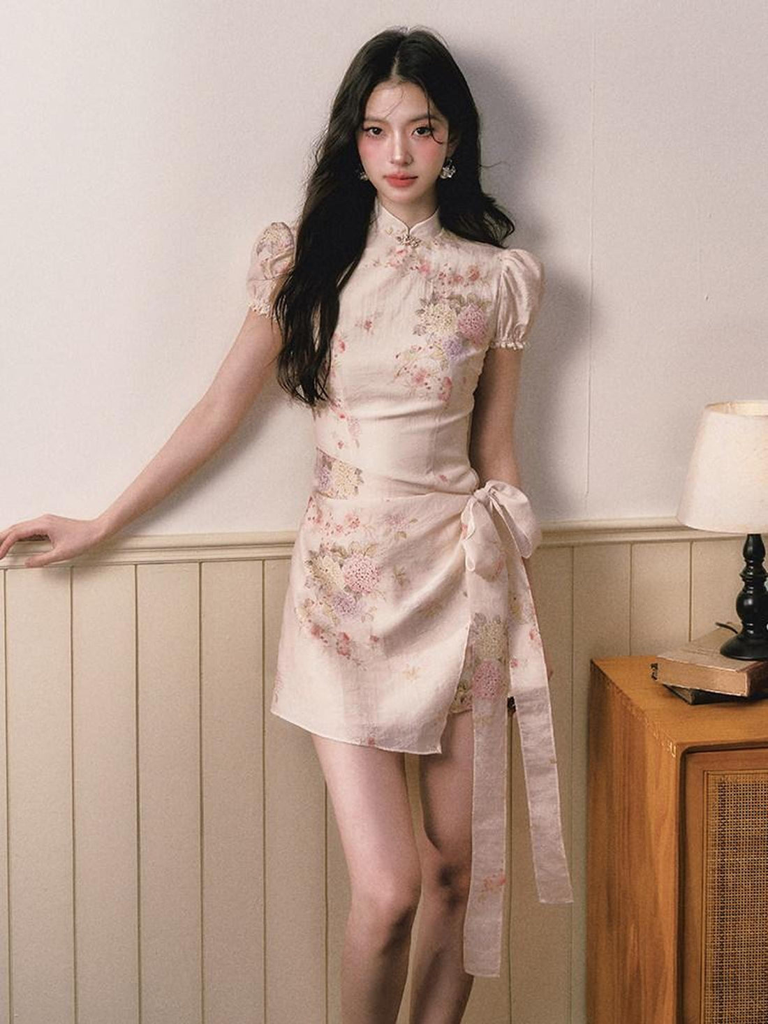 1P STUDIO Floral Jacquard Puff Sleeve Butterfly Bow A Line Women&