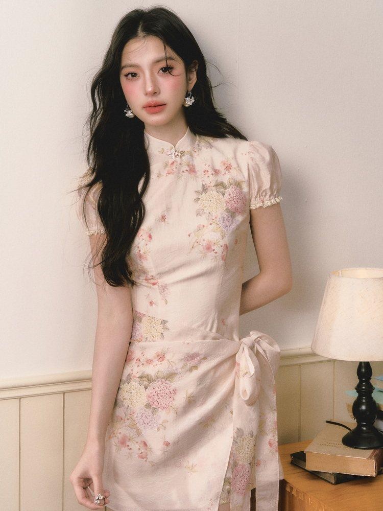 1P STUDIO Floral Jacquard Puff Sleeve Butterfly Bow A Line Women&