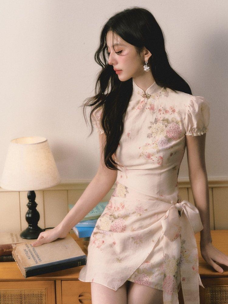 1P STUDIO Floral Jacquard Puff Sleeve Butterfly Bow A Line Women&