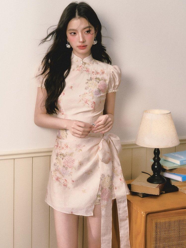 1P STUDIO Floral Jacquard Puff Sleeve Butterfly Bow A Line Women&