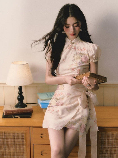 1P STUDIO Floral Jacquard Puff Sleeve Butterfly Bow A Line Women&