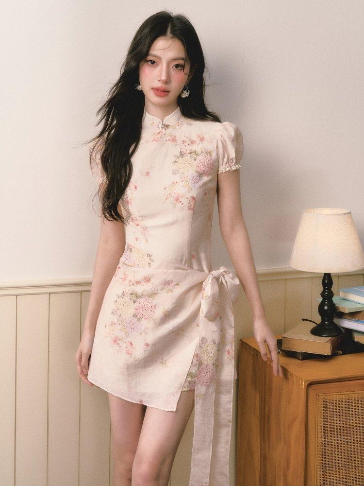 1P STUDIO Floral Jacquard Puff Sleeve Butterfly Bow A Line Women&