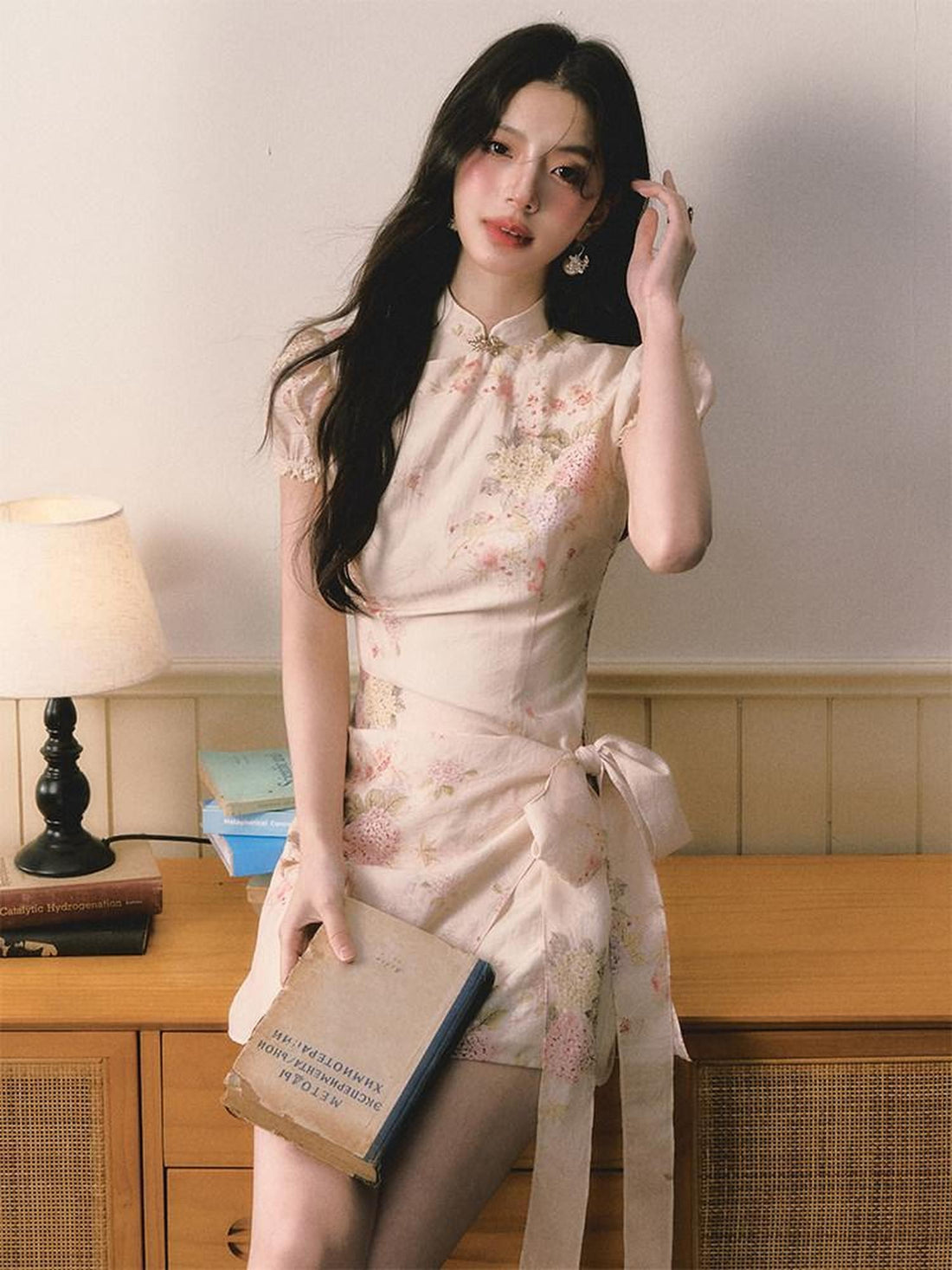 1P STUDIO Floral Jacquard Puff Sleeve Butterfly Bow A Line Women&