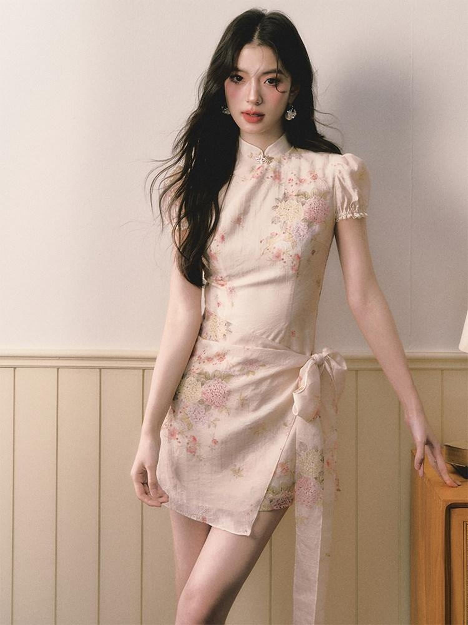 1P STUDIO Floral Jacquard Puff Sleeve Butterfly Bow A Line Women&