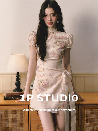1P STUDIO Floral Jacquard Puff Sleeve Butterfly Bow A Line Women&