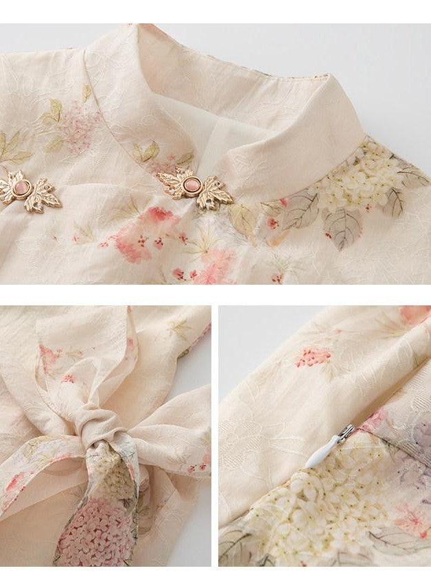 1P STUDIO Floral Jacquard Puff Sleeve Butterfly Bow A Line Women&