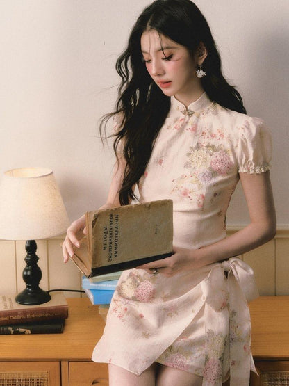 1P STUDIO Floral Jacquard Puff Sleeve Butterfly Bow A Line Women&