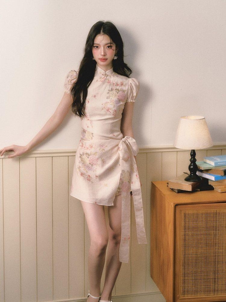 1P STUDIO Floral Jacquard Puff Sleeve Butterfly Bow A Line Women&