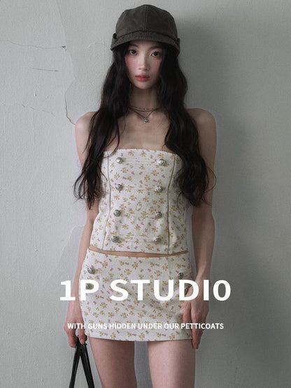 1P STUDIO Floral Metal Buckle Strapless Bustier Women&