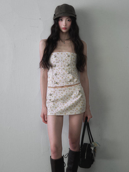1P STUDIO Floral Metal Buckle Strapless Bustier Women&