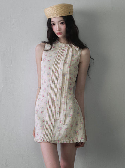 1P STUDIO Floral Pleated Bow Tie Lace Cinched Waist Women&