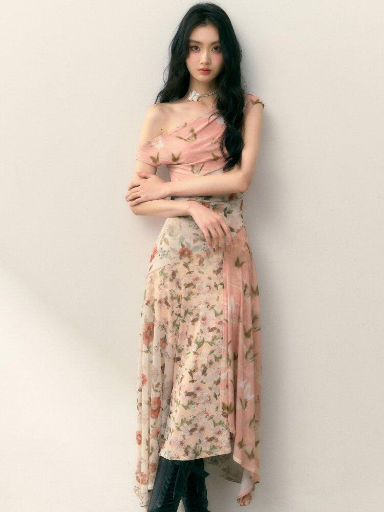 1P STUDIO Floral Print Asymmetric One Shoulder Spliced Women&