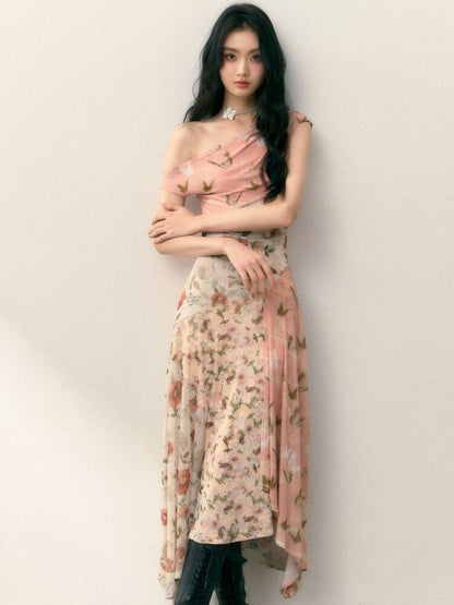 1P STUDIO Floral Print Asymmetric One Shoulder Spliced Women&