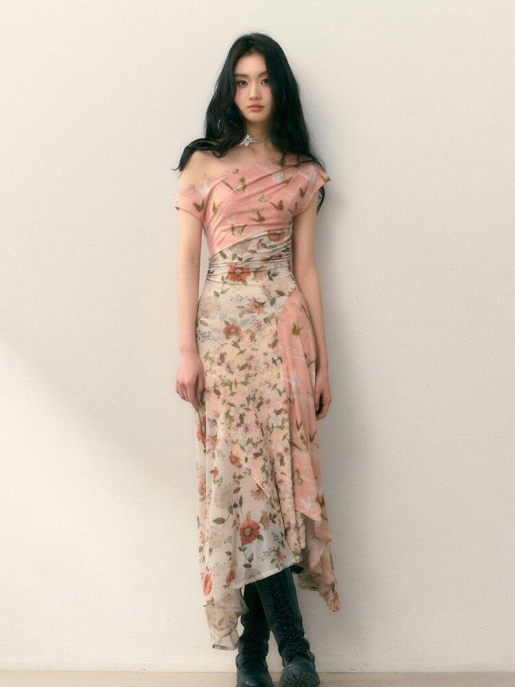 1P STUDIO Floral Print Asymmetric One Shoulder Spliced Women&