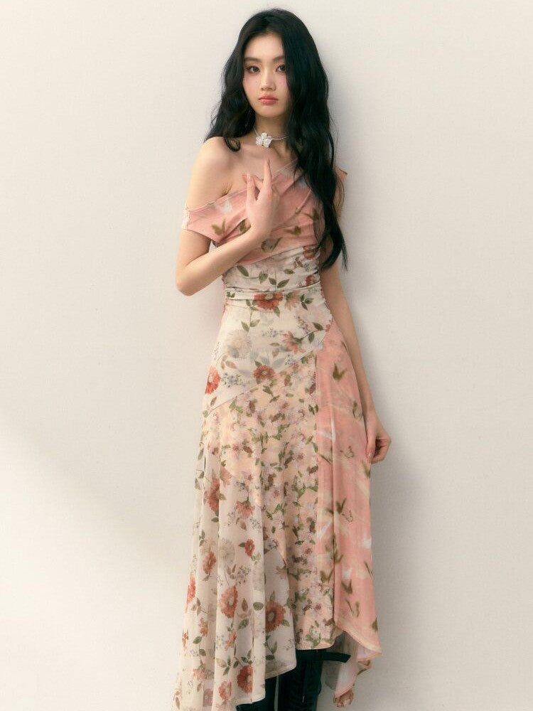 1P STUDIO Floral Print Asymmetric One Shoulder Spliced Women&