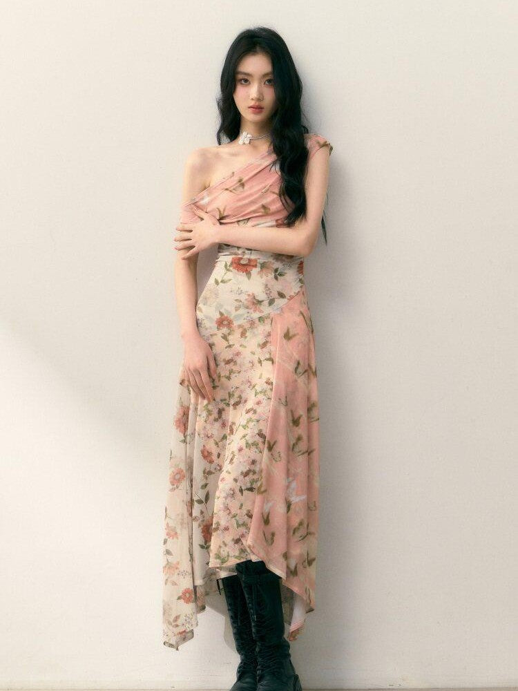 1P STUDIO Floral Print Asymmetric One Shoulder Spliced Women&