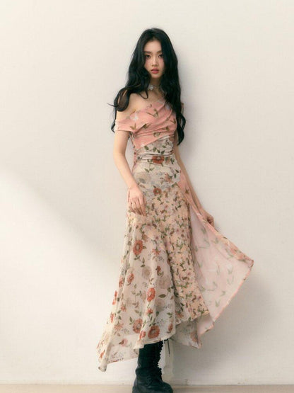 1P STUDIO Floral Print Asymmetric One Shoulder Spliced Women&