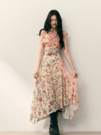 1P STUDIO Floral Print Asymmetric One Shoulder Spliced Women&