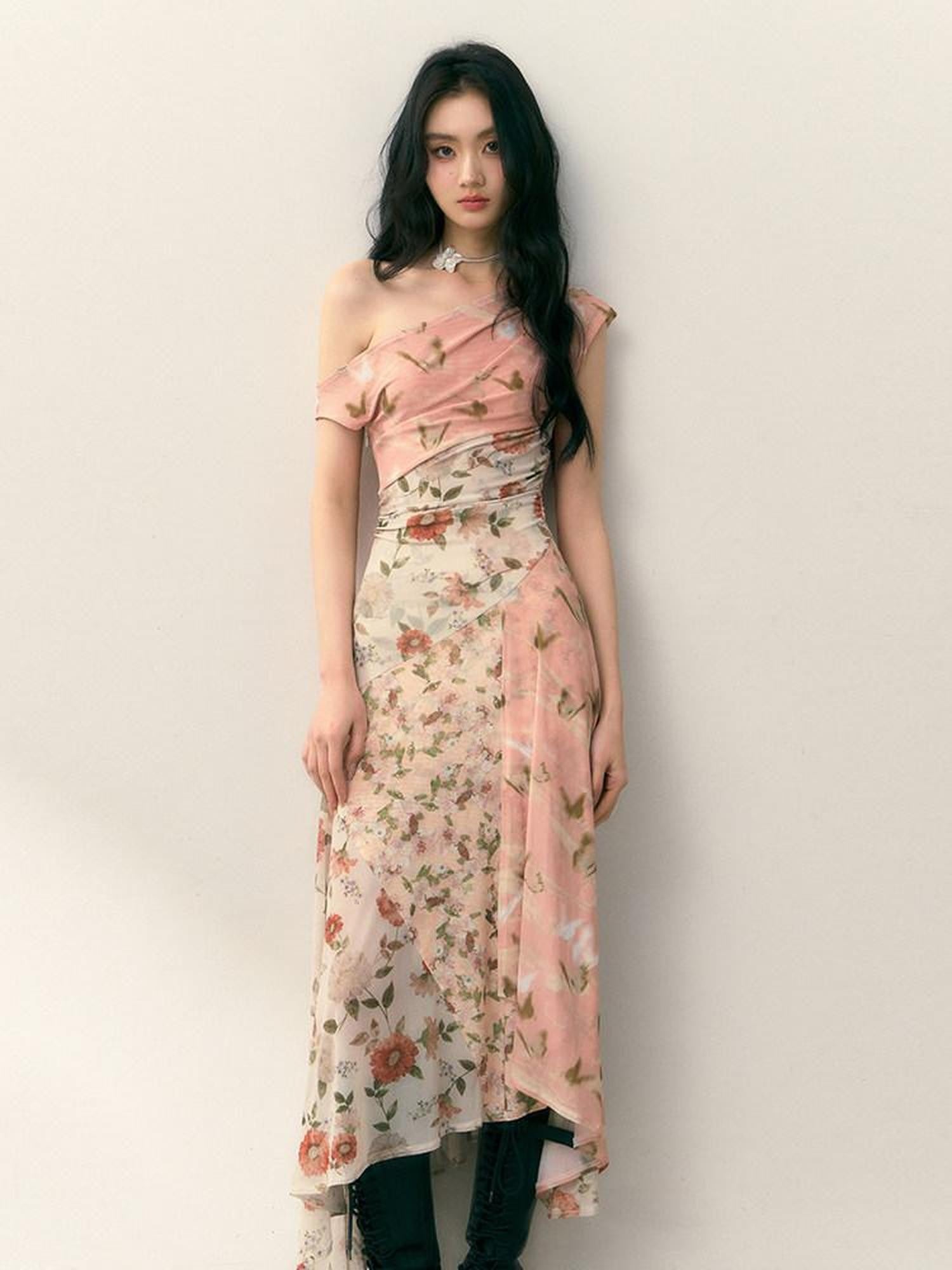 1P STUDIO Floral Print Asymmetric One Shoulder Spliced Women&