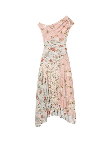 1P STUDIO Floral Print Asymmetric One Shoulder Spliced Women&